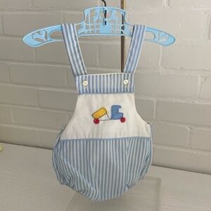 Baby Boy Vintage Blue And White Striped Summer Romper With Plastic Lining